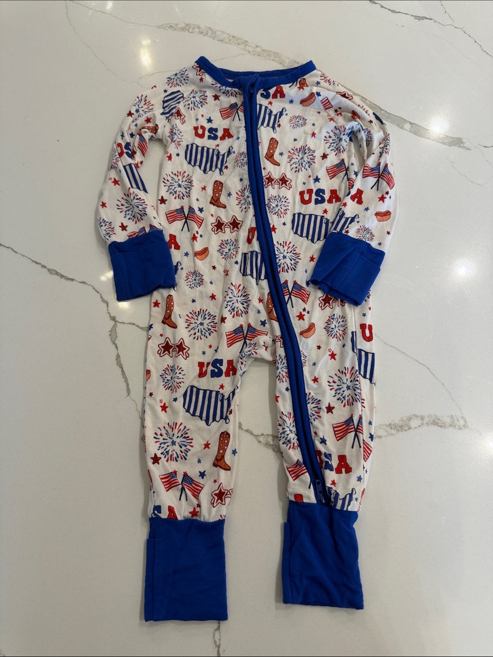 Patriotic USA Print Kids Footie Pajamas - Blue & White